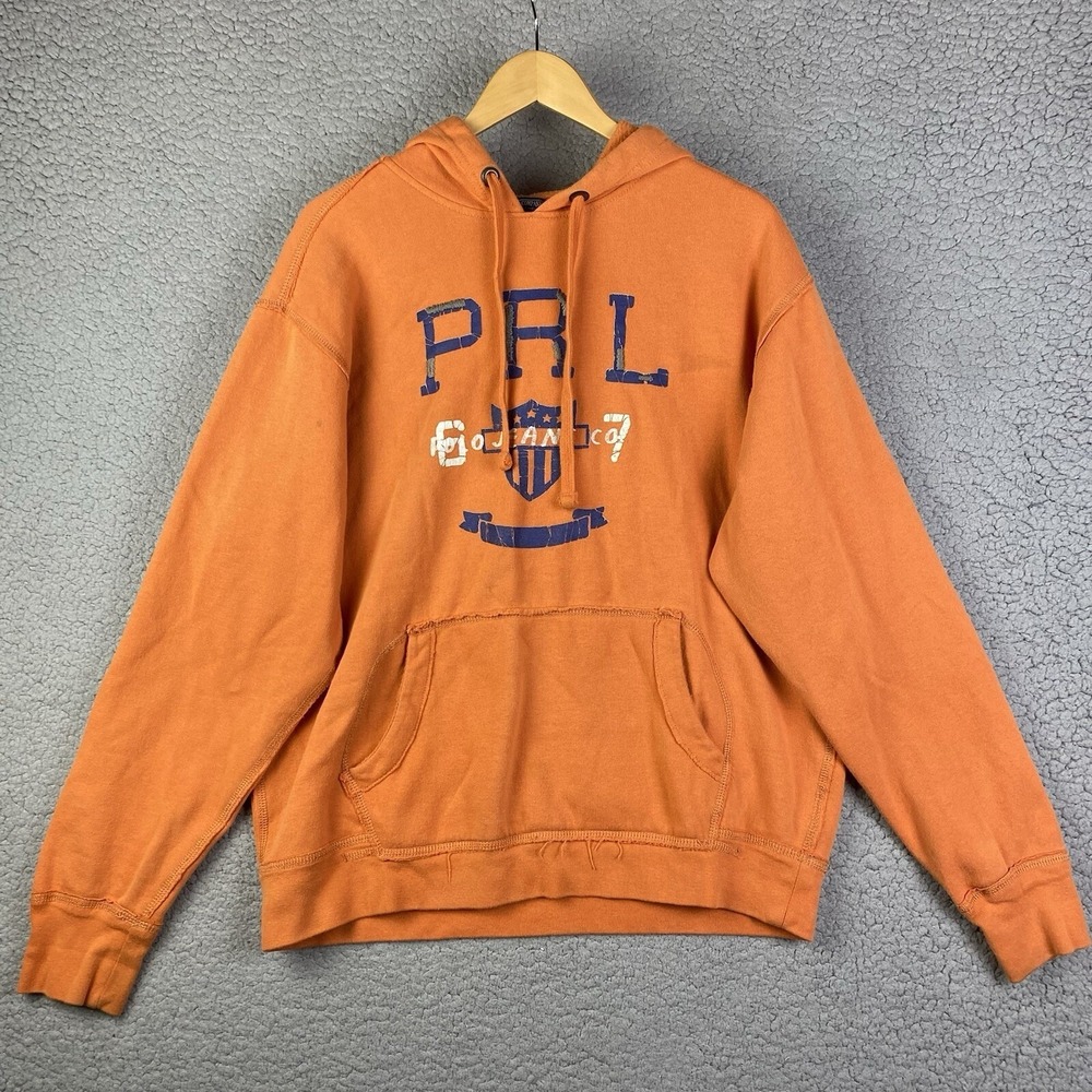 Polo Ralph Lauren Hoodie Mens‎ Sz M Orange PRL Vintage Sweatshirt Pullover *Flaw